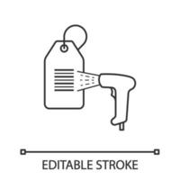 Barcode reader scanning hang tag linear icon. Store price label scanning with bar code reader. Shopping center label reading. Barcodes scanner. Contour vector isolated outline drawing. Editable stroke