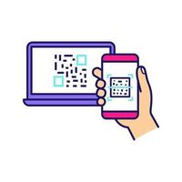 QR code scanning smartphone app color icon. Barcode authorization. Mobile phone reading barcode on PC screen. Matrix code displayed on laptop scanning with smartphone. Isolated vector illustration