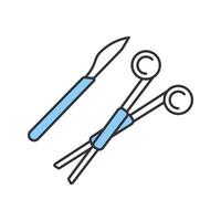 Surgical scalpel and clamp color icon. Surgical tools. Surgery instruments. Isolated vector illustration