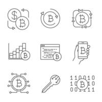 Bitcoin cryptocurrency linear icons set. Bitcoin exchange, fintech, market growth chart, mining software, digital wallet, key, binary code. Isolated vector outline illustrations. Editable stroke