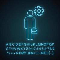 Manager neon light icon. Businessman. Person with briefcase and cogwheel. Glowing sign with alphabet, numbers and symbols. Vector isolated illustration