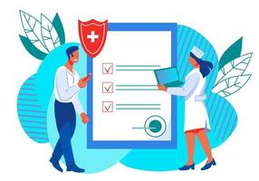 Medical insurance banner - businessman character fills out contract on healthcare services and doctor. Medicine and healthy lifestyle, healthcare assistance. Flat vector illustration isolated.