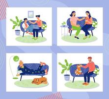 Set of men and women characters resting at home - communicating, coworking and talking friendly on sofa or couch. People after working or weekend leisure and rest. Flat vector illustration isolated.