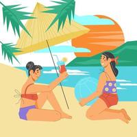 las mujeres o las novias jóvenes en la playa del mar disfrutan de las vacaciones de verano. banner de vacaciones de verano y viajes por mar, ilustración vectorial plana aislada en fondo blanco.