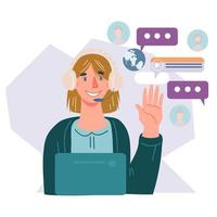 Customer service operator, online technical support female hotline adviser. Online assistant of virtual help service, flat vector illustration isolated on white background.