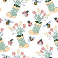 Seamless pattern for spring and summer with wellies boots, ladybug and flowers, vector illustration. Endless repeatable background for textile and prints.
