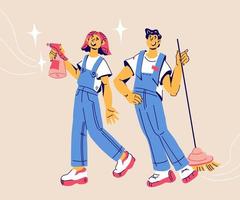 Cleaning service staff cartoon characters. Man and woman professional cleaners in uniform ready to work. Householding and hygiene, housework assistance. Flat cartoon vector illustration for banner.