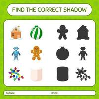 encuentra el juego de sombras correcto con el icono de navidad. hoja de trabajo para niños en edad preescolar, hoja de actividades para niños vector