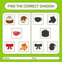 encuentra el juego de sombras correcto con el icono de navidad. hoja de trabajo para niños en edad preescolar, hoja de actividades para niños vector