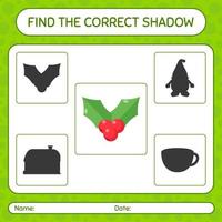 encuentra el juego de sombras correcto con holly berry. hoja de trabajo para niños en edad preescolar, hoja de actividades para niños vector