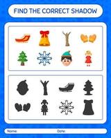 encuentra el juego de sombras correcto con el icono de navidad. hoja de trabajo para niños en edad preescolar, hoja de actividades para niños vector