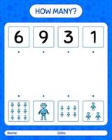 How many counting game with robot toy. worksheet for preschool kids, kids activity sheet vector