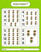 How many counting game with elf. worksheet for preschool kids, kids activity sheet vector