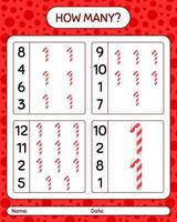 How many counting game with candy cane. worksheet for preschool kids, kids activity sheet vector