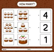 How many counting game with christmas cake. worksheet for preschool kids, kids activity sheet vector