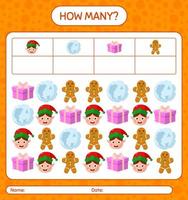 How many counting game with christmas icon. worksheet for preschool kids, kids activity sheet vector