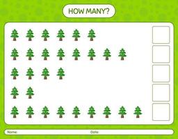 How many counting game with pine tree. worksheet for preschool kids, kids activity sheet vector