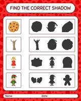 encuentra el juego de sombras correcto con el icono de navidad. hoja de trabajo para niños en edad preescolar, hoja de actividades para niños vector