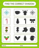 encuentra el juego de sombras correcto con el icono de navidad. hoja de trabajo para niños en edad preescolar, hoja de actividades para niños vector