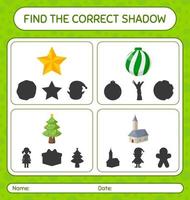 Find the correct shadows game with christmas icon. worksheet for preschool kids, kids activity sheet vector