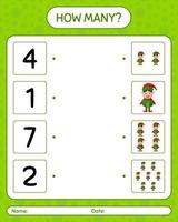 How many counting game with elf. worksheet for preschool kids, kids activity sheet vector