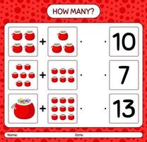 How many counting game with santa's bag. worksheet for preschool kids, kids activity sheet vector