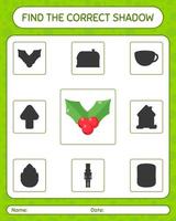 Find the correct shadows game with holly berry. worksheet for preschool kids, kids activity sheet vector