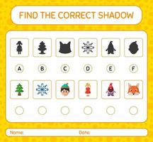 Find the correct shadows game with christmas icon. worksheet for preschool kids, kids activity sheet vector