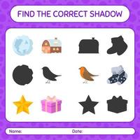 encuentra el juego de sombras correcto con el icono de navidad. hoja de trabajo para niños en edad preescolar, hoja de actividades para niños vector