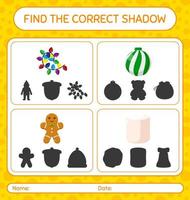 Find the correct shadows game with christmas icon. worksheet for preschool kids, kids activity sheet vector