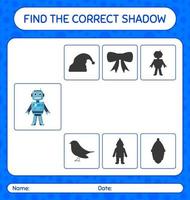 Find the correct shadows game with robot toy. worksheet for preschool kids, kids activity sheet vector