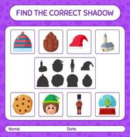 encuentra el juego de sombras correcto con el icono de navidad. hoja de trabajo para niños en edad preescolar, hoja de actividades para niños vector