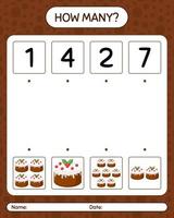 How many counting game with christmas cake. worksheet for preschool kids, kids activity sheet vector