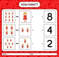 How many counting game with doll. worksheet for preschool kids, kids activity sheet vector