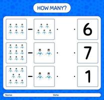 How many counting game with snowman. worksheet for preschool kids, kids activity sheet vector