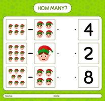 How many counting game with elf. worksheet for preschool kids, kids activity sheet vector