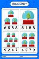 How many counting game with glass snow ball. worksheet for preschool kids, kids activity sheet vector