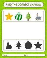 Find the correct shadows game with christmas icon. worksheet for preschool kids, kids activity sheet vector