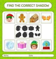 encuentra el juego de sombras correcto con el icono de navidad. hoja de trabajo para niños en edad preescolar, hoja de actividades para niños vector