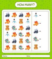 How many counting game with christmas icon. worksheet for preschool kids, kids activity sheet vector