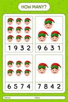 How many counting game with elf. worksheet for preschool kids, kids activity sheet vector