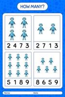 How many counting game with robot toy. worksheet for preschool kids, kids activity sheet vector