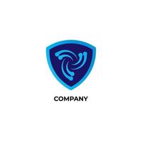 Blue Shield sign illustration with vortex icon inside. Logo Design Template. DIsaster Guard Logo Concept isolated on white background vector