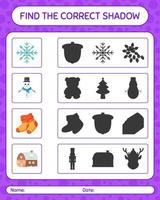 encuentra el juego de sombras correcto con el icono de navidad. hoja de trabajo para niños en edad preescolar, hoja de actividades para niños vector