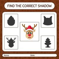 Find the correct shadows game with reindeer. worksheet for preschool kids, kids activity sheet vector