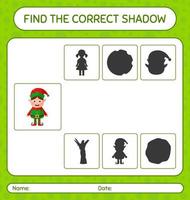 encuentra el juego de sombras correcto con elf. hoja de trabajo para niños en edad preescolar, hoja de actividades para niños vector