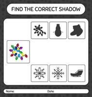 Find the correct shadows game with string light. worksheet for preschool kids, kids activity sheet vector