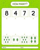 How many counting game with pine tree. worksheet for preschool kids, kids activity sheet vector