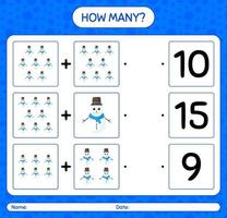 How many counting game with snowman. worksheet for preschool kids, kids activity sheet vector