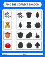 Find the correct shadows game with christmas icon. worksheet for preschool kids, kids activity sheet vector